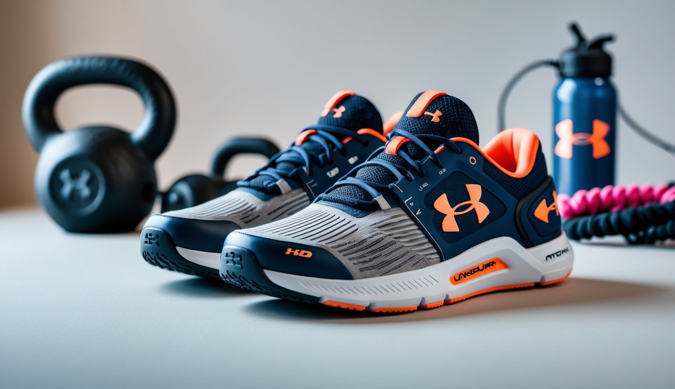 Sepasang sepatu training Under Armour diletakkan di atas permukaan dengan alat olahraga seperti kettlebell dan tali skipping di latar belakang.