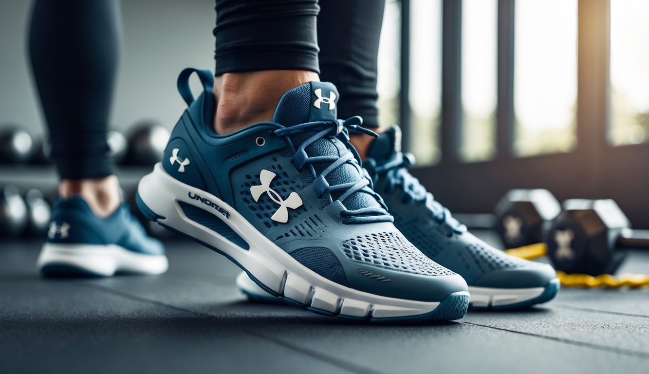 Sepasang sepatu training Under Armour diletakkan di lantai gym dengan peralatan olahraga di latar belakang.