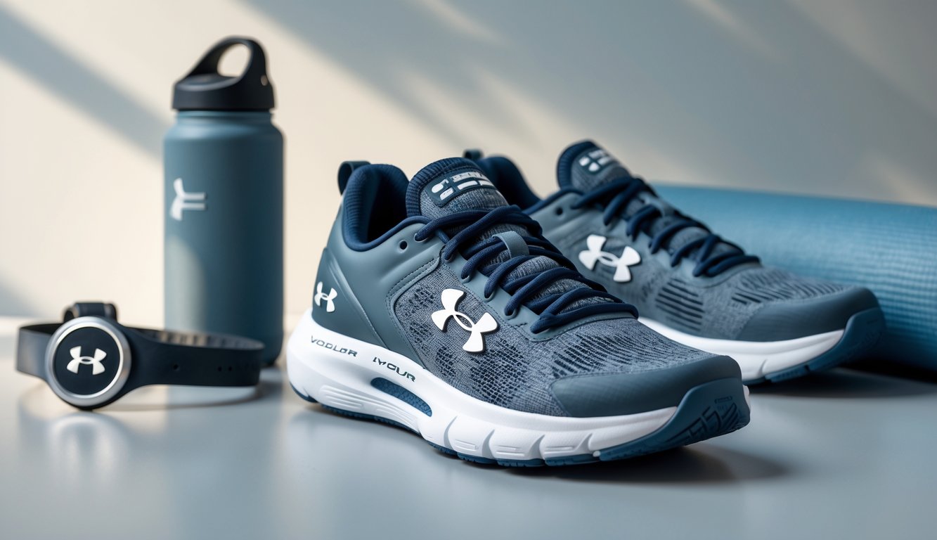 Sepasang sepatu olahraga Under Armour diletakkan di atas latar belakang netral dengan beberapa perlengkapan kebugaran di sekitarnya.