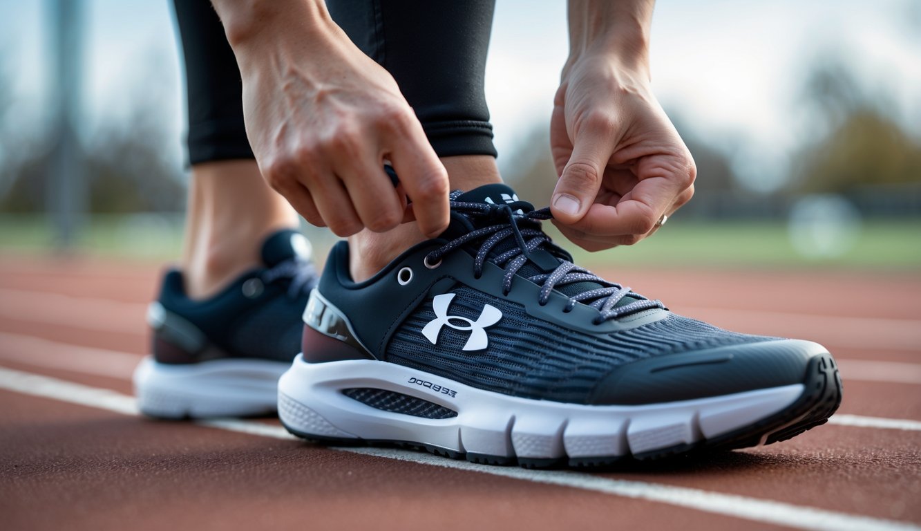 Seseorang sedang mengikat tali sepatu Under Armour di luar ruangan, siap untuk berolahraga.