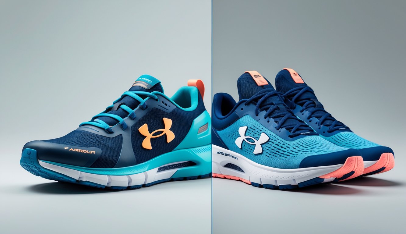 Dua pasang sepatu lari dari merek Under Armour dan merek lain yang berbeda, diletakkan berdampingan untuk perbandingan.