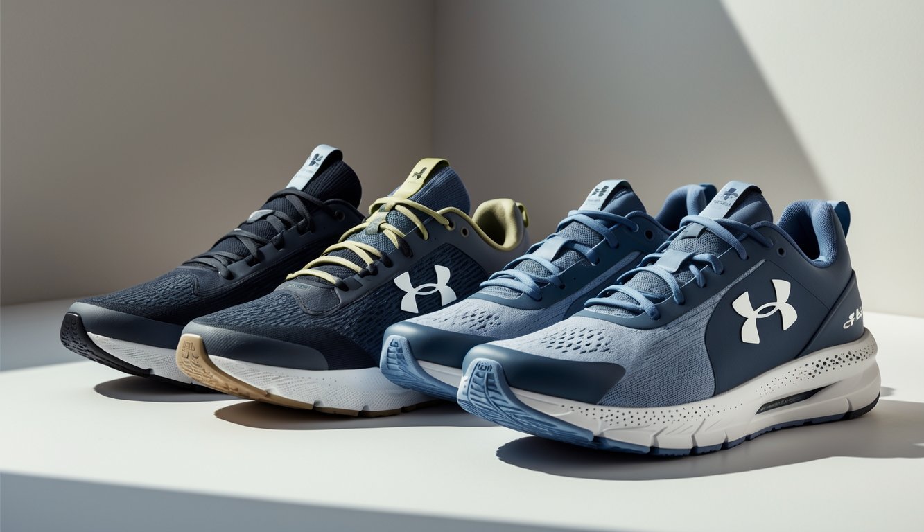 Dua pasang sepatu lari dari Under Armour dan merek lain yang disusun berdampingan untuk perbandingan.