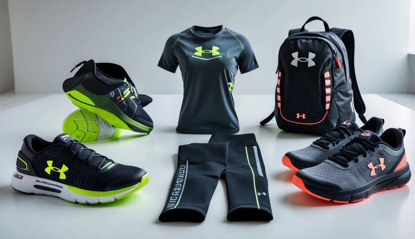 Lima produk olahraga Under Armour terbaik tahun 2026, termasuk sepatu lari, kaos olahraga, legging kompresi, jam tangan olahraga, dan tas gym, semuanya tertata rapi di atas permukaan putih.