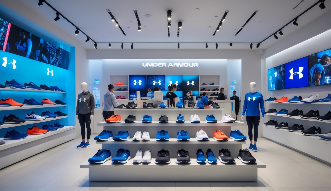 Toko olahraga modern dengan berbagai produk Under Armour seperti sepatu lari dan pakaian olahraga yang tertata rapi, dengan beberapa pelanggan melihat-lihat produk.