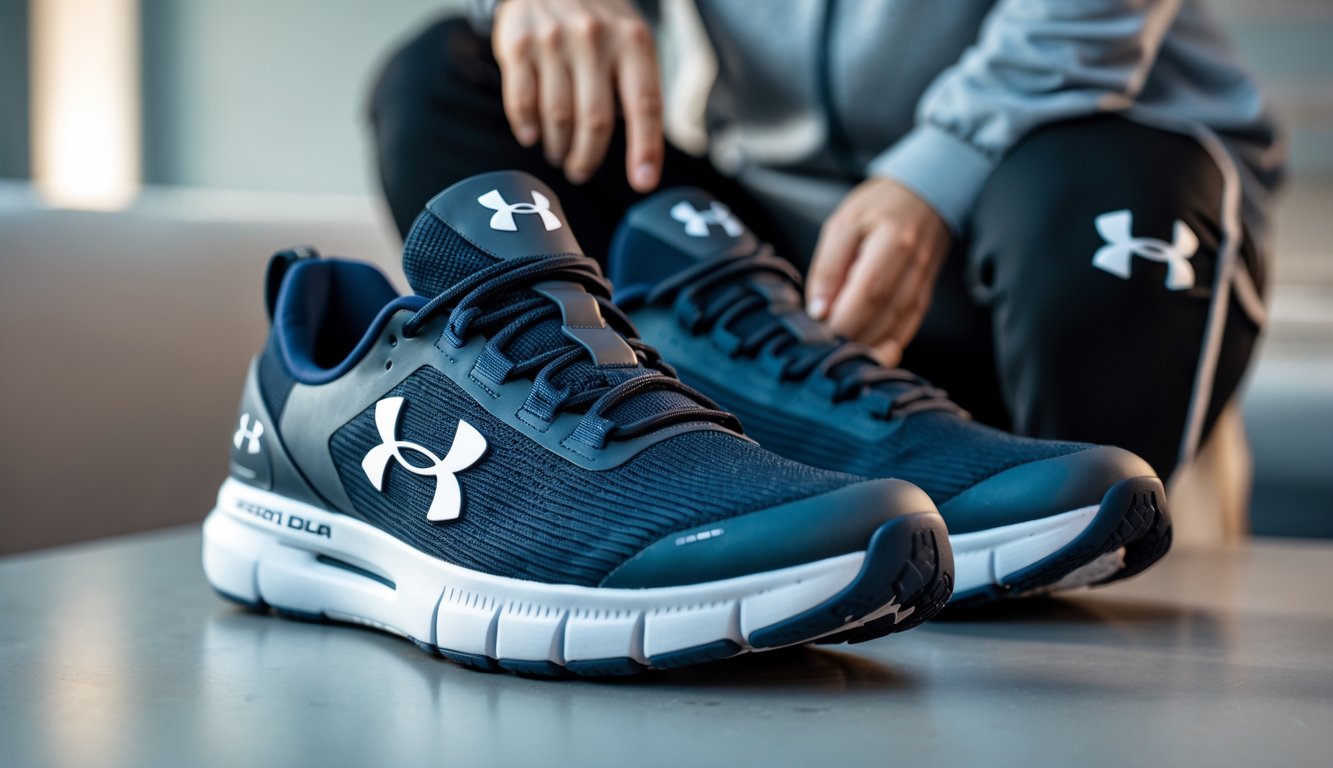 Sepasang sepatu Under Armour di atas permukaan bersih dengan seseorang yang sedang melihatnya.