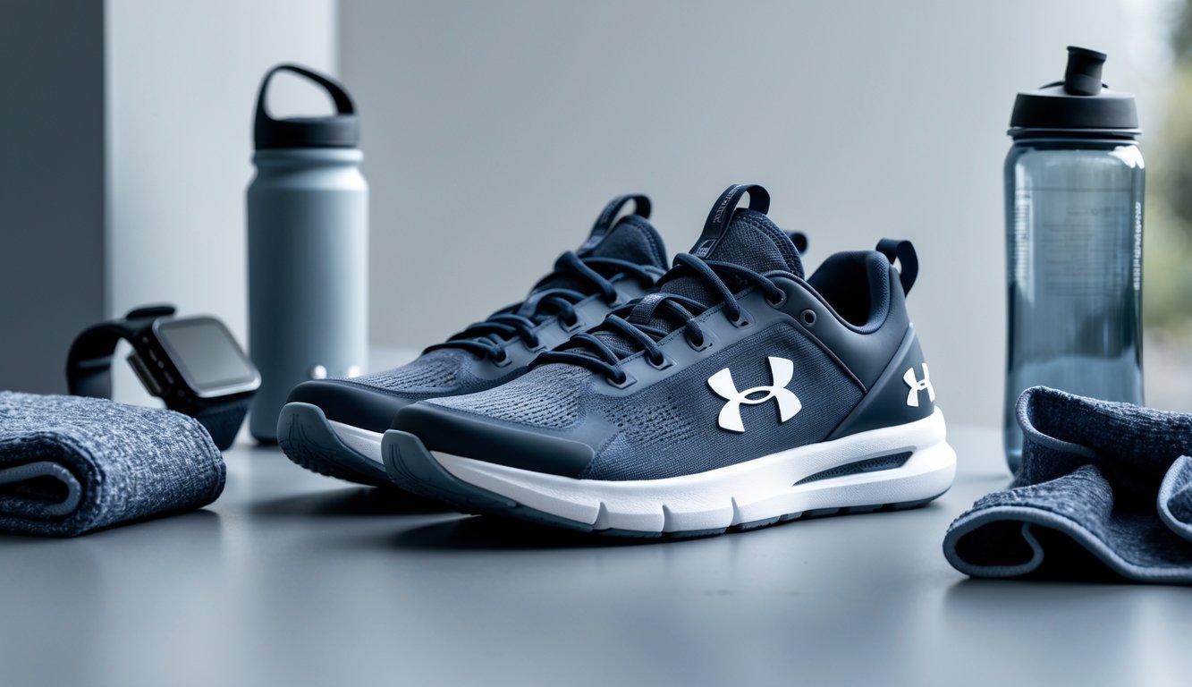 Sepasang sepatu olahraga Under Armour diletakkan di atas permukaan bersih dengan latar belakang samar, dikelilingi botol minum, alat pelacak kebugaran, dan handuk gym.