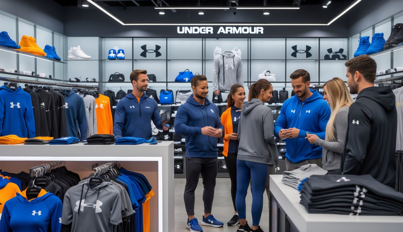 Orang-orang sedang berbelanja pakaian Under Armour di dalam toko olahraga yang rapi dan terang.