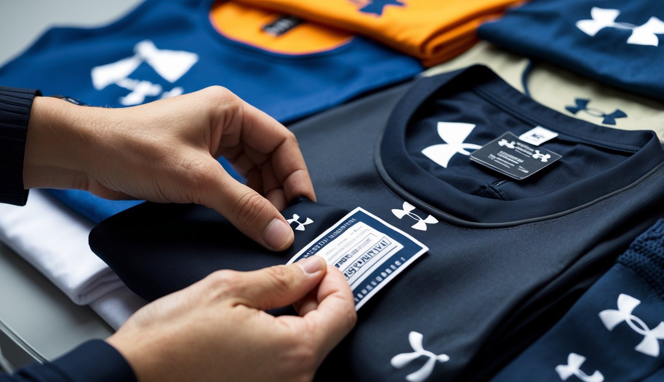 Tangan seseorang sedang memeriksa label dan bahan pakaian Under Armour dengan beberapa pakaian Under Armour lain di latar belakang.