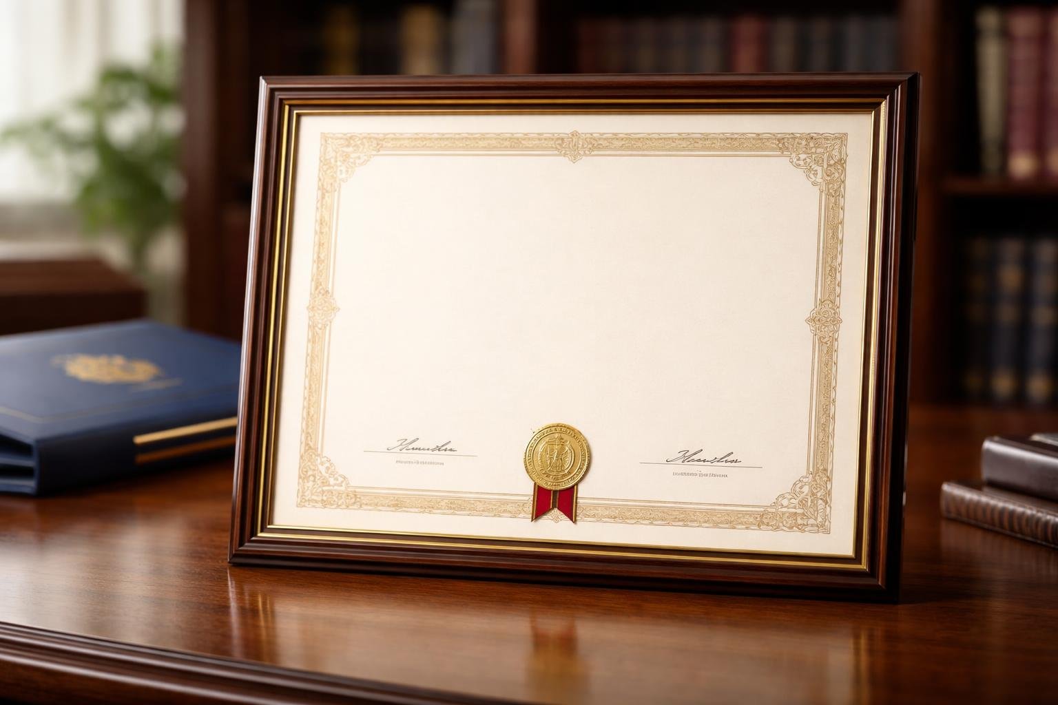 یک مدرک دانشگاهی معتبر با قاب طلایی روی میز چوبی در محیطی اداری با پس‌زمینه محو