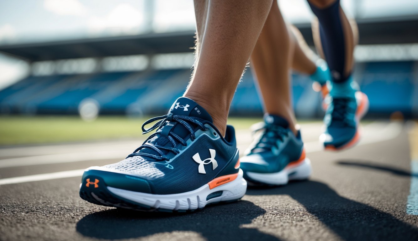 Sepasang sepatu lari Under Armour di lintasan lari dengan latar belakang taman dan kaki pelari yang bersiap berlari.