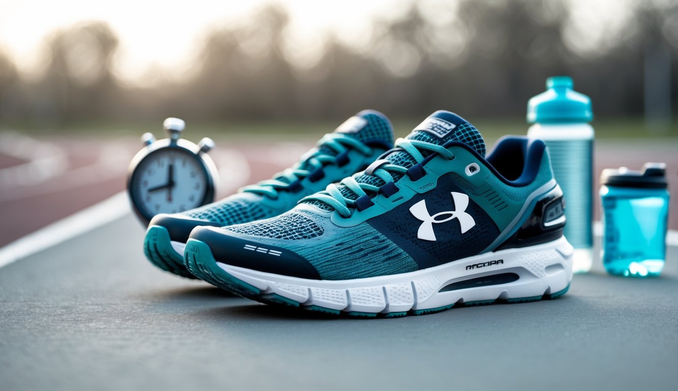 Sepasang sepatu lari Under Armour untuk jarak jauh diletakkan di atas permukaan bersih dengan latar belakang samar berupa trek lari dan perlengkapan olahraga.