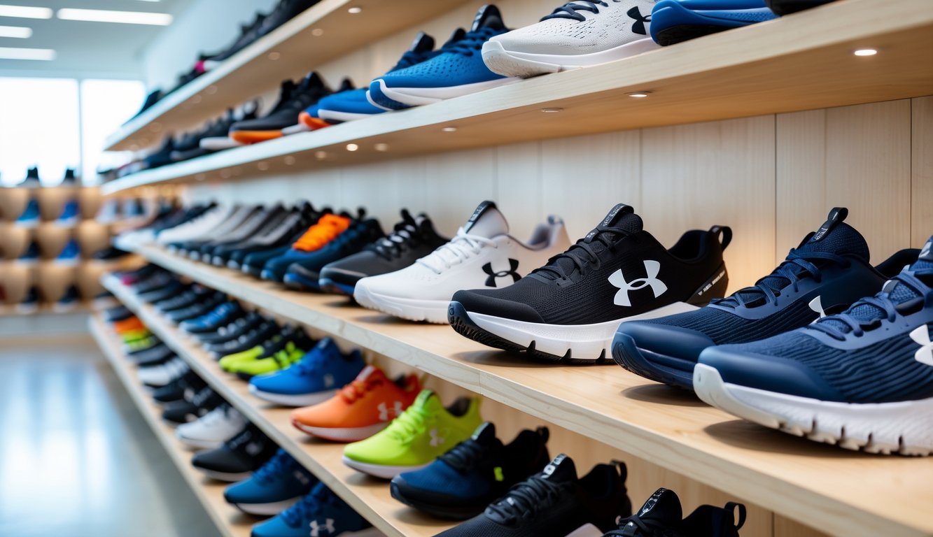 Berbagai sepatu Under Armour terbaru dan terlaris yang ditata rapi di rak kayu dalam toko sepatu yang terang dan bersih.