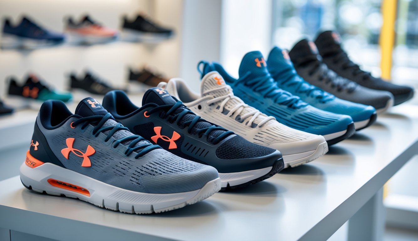 Berbagai jenis sepatu Under Armour terbaru dan terlaris ditampilkan di atas meja dalam toko olahraga yang terang dan rapi.