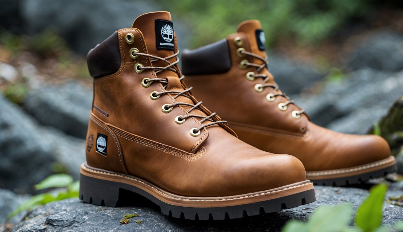 Sepasang sepatu Timberland pria warna cokelat diletakkan di atas tanah berbatu dengan latar belakang pepohonan hijau.