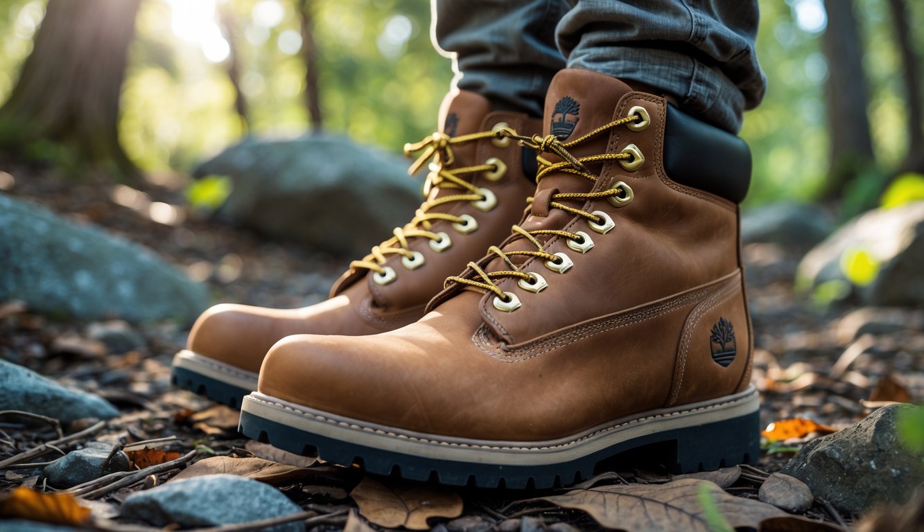 Sepasang sepatu Timberland pria asli diletakkan di lantai hutan dengan daun dan batu di sekitarnya.