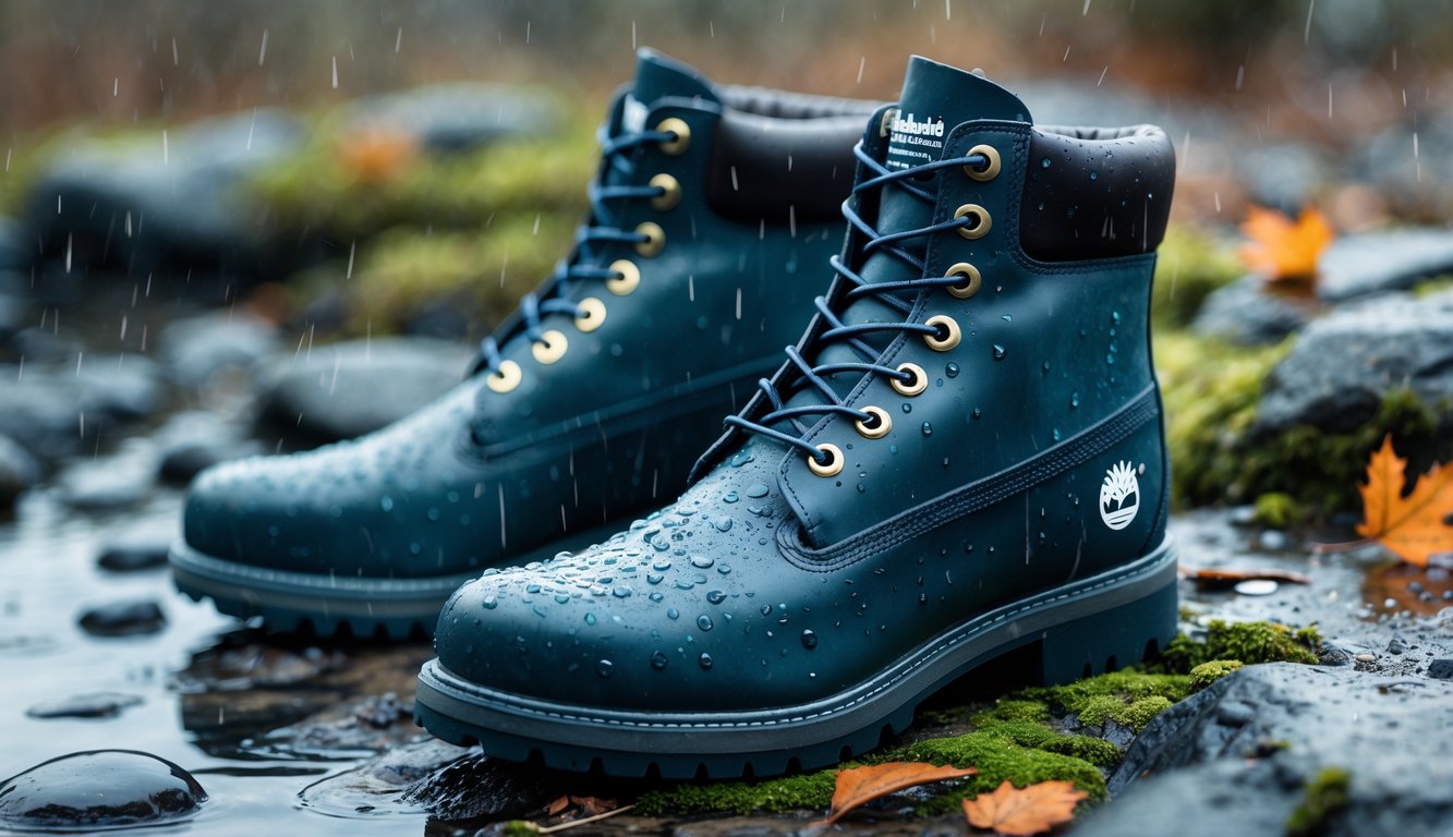 Sepasang sepatu Timberland tahan air diletakkan di permukaan batu basah dengan tetesan air terlihat, dikelilingi oleh lumut dan daun musim gugur.