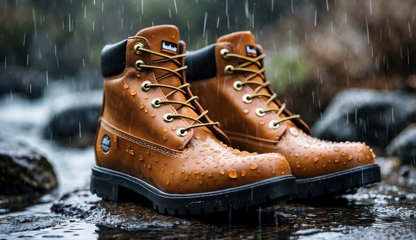 Sepasang sepatu Timberland tahan air diletakkan di permukaan batu basah di luar ruangan dengan latar belakang alam yang kabur.