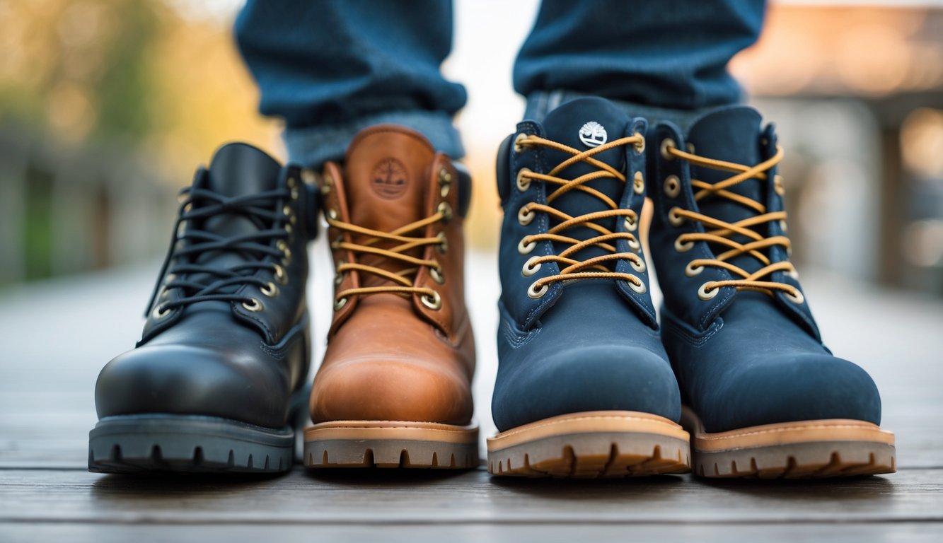 Dua pasang sepatu Timberland diletakkan berdampingan di atas permukaan kayu, menunjukkan perbedaan kualitas dan detail antara sepatu asli dan tiruan.