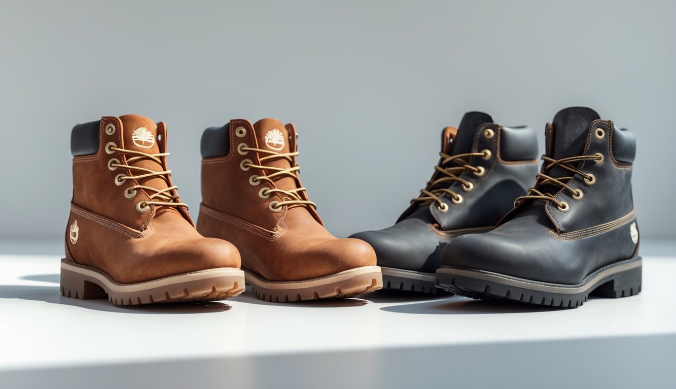 Sepasang sepatu Timberland asli dan sepatu palsu diletakkan berdampingan untuk menunjukkan perbedaan fisiknya.