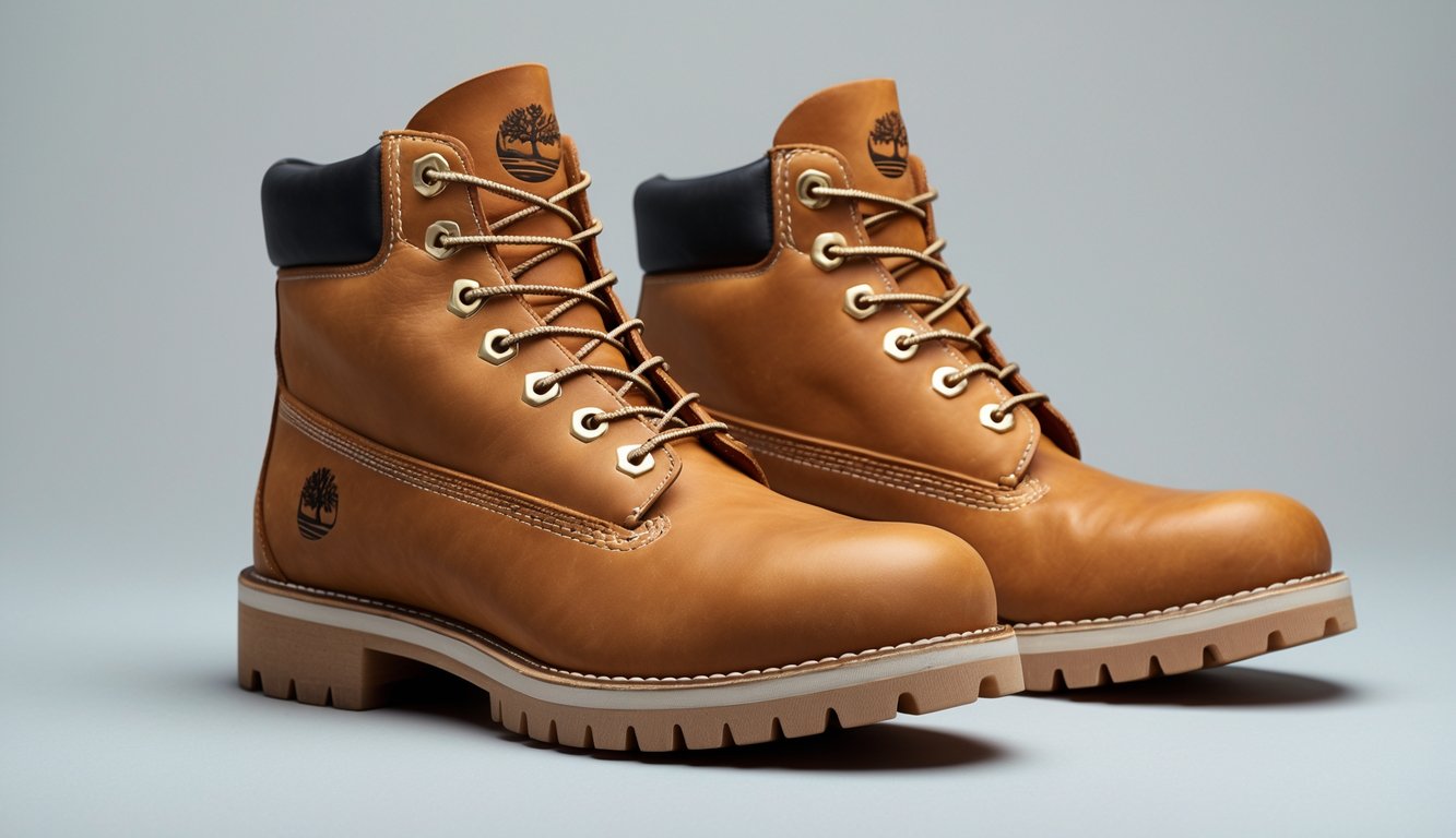 Sepasang sepatu boots Timberland klasik berwarna coklat terang terlihat jelas dengan latar belakang polos.