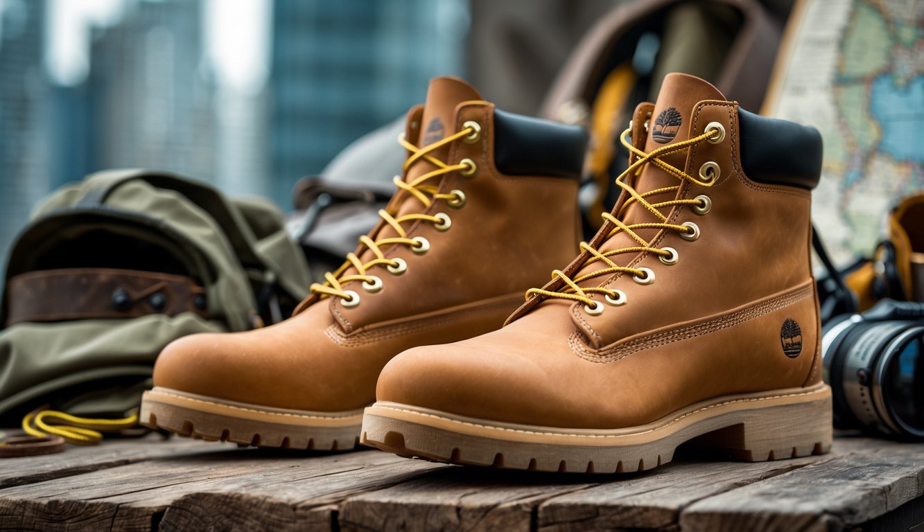 Sepasang sepatu Timberland klasik berwarna coklat muda diletakkan di atas permukaan kayu dengan latar belakang perlengkapan hiking dan pemandangan kota samar.