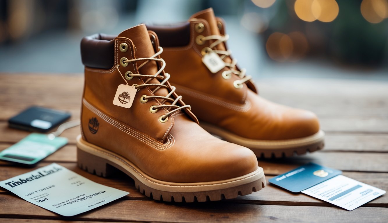 Sepasang sepatu Timberland asli berwarna coklat muda diletakkan di atas permukaan kayu dengan latar belakang buram.