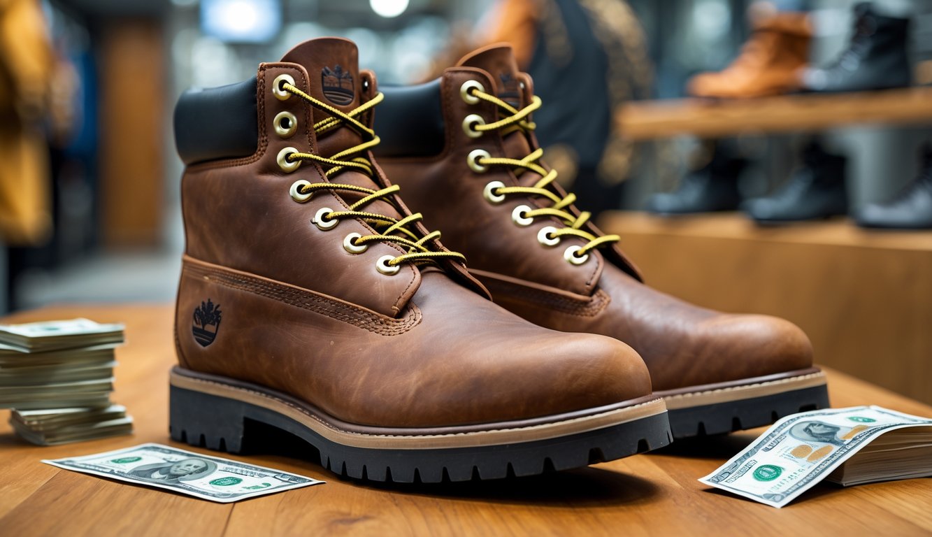 Sepasang sepatu Timberland asli diletakkan di atas permukaan kayu dengan latar belakang toko ritel modern.