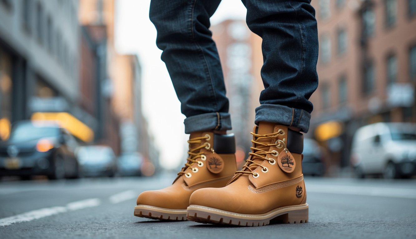 Seorang individu berdiri di jalan perkotaan mengenakan sepatu Timberland dengan pakaian kasual.