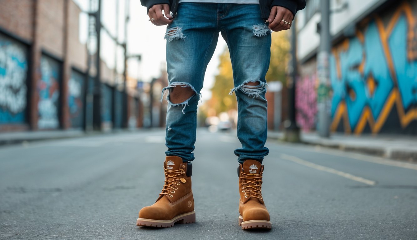 Seorang dewasa muda berdiri di jalan kota mengenakan sepatu Timberland dan pakaian kasual dengan latar belakang dinding graffiti.