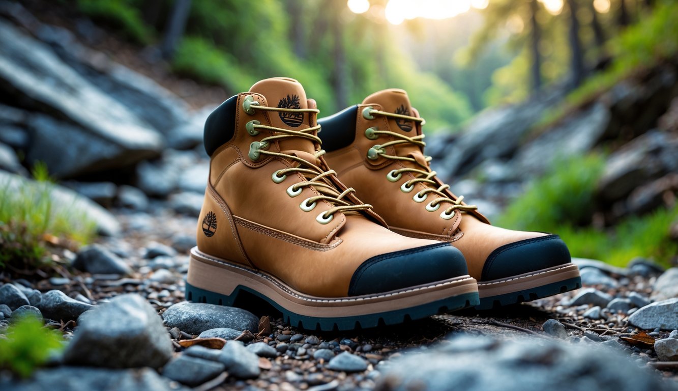 Sepasang sepatu hiking Timberland di jalan setapak berbatu di tengah hutan dengan latar belakang pepohonan hijau dan cahaya matahari.