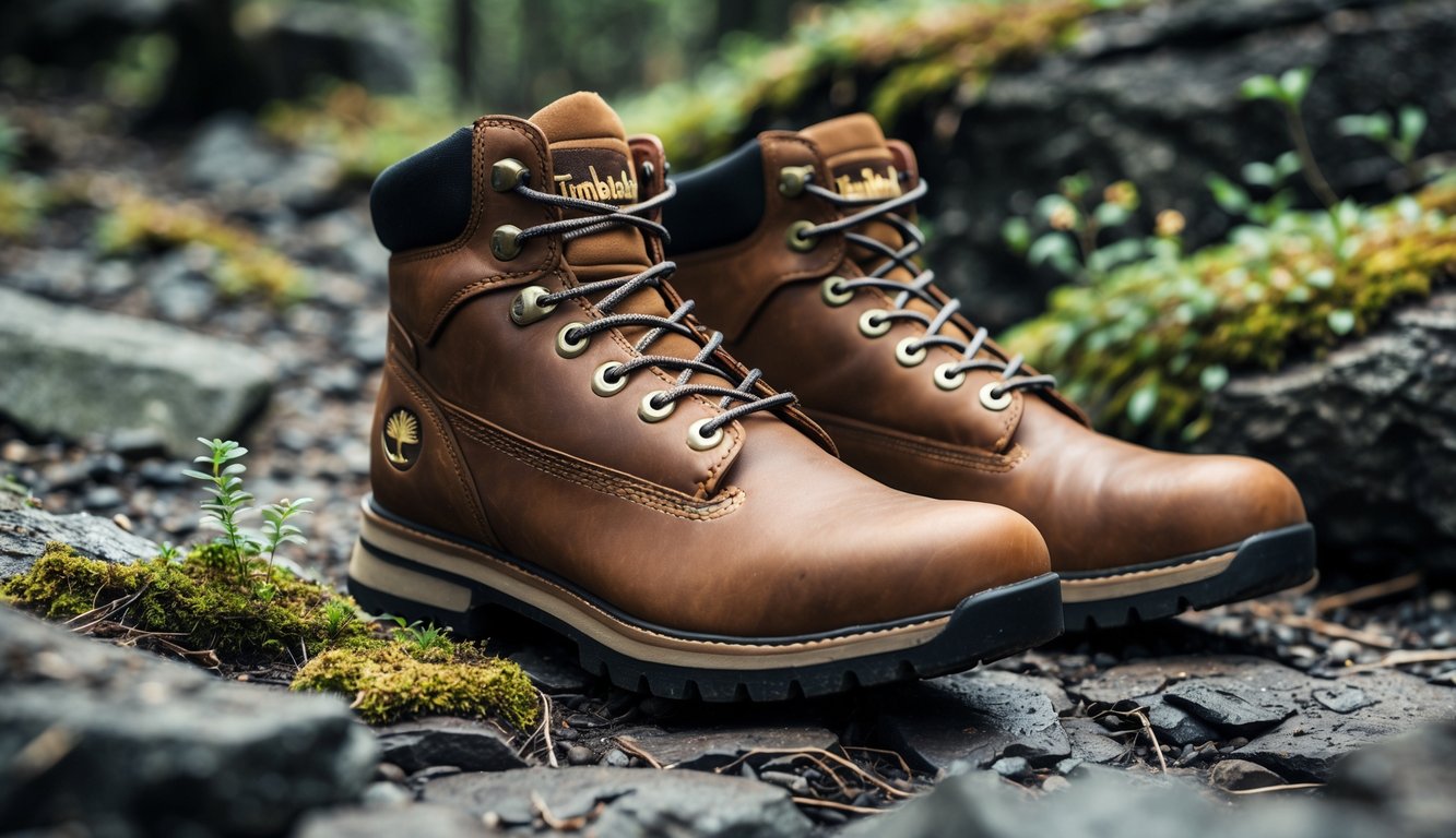 Sepasang sepatu hiking Timberland diletakkan di atas tanah berbatu dengan tanaman kecil di sekitarnya.