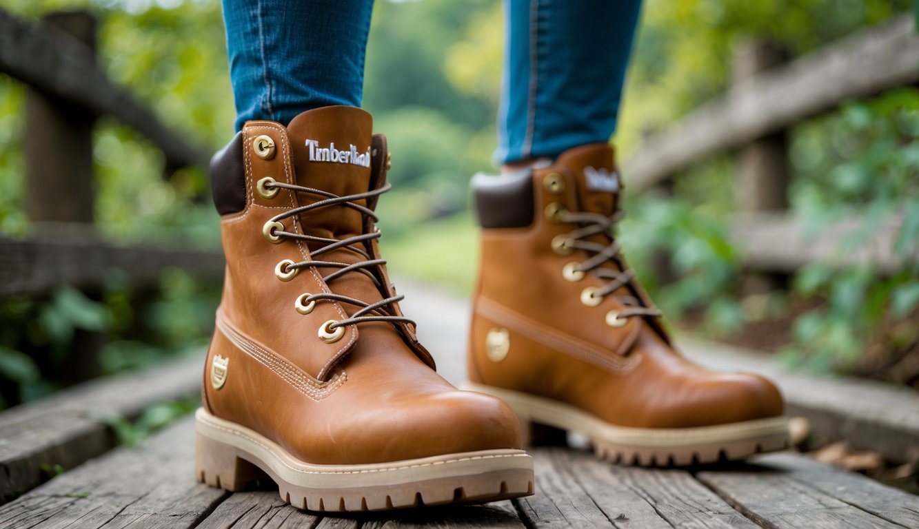 Sepasang sepatu Timberland wanita dipakai oleh seorang wanita yang berdiri di jalan kayu di tengah area hijau.