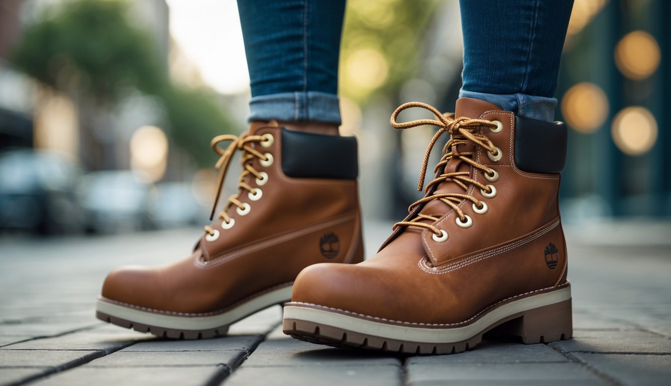 Seorang wanita berdiri di luar ruangan mengenakan sepatu Timberland yang stylish dan nyaman.