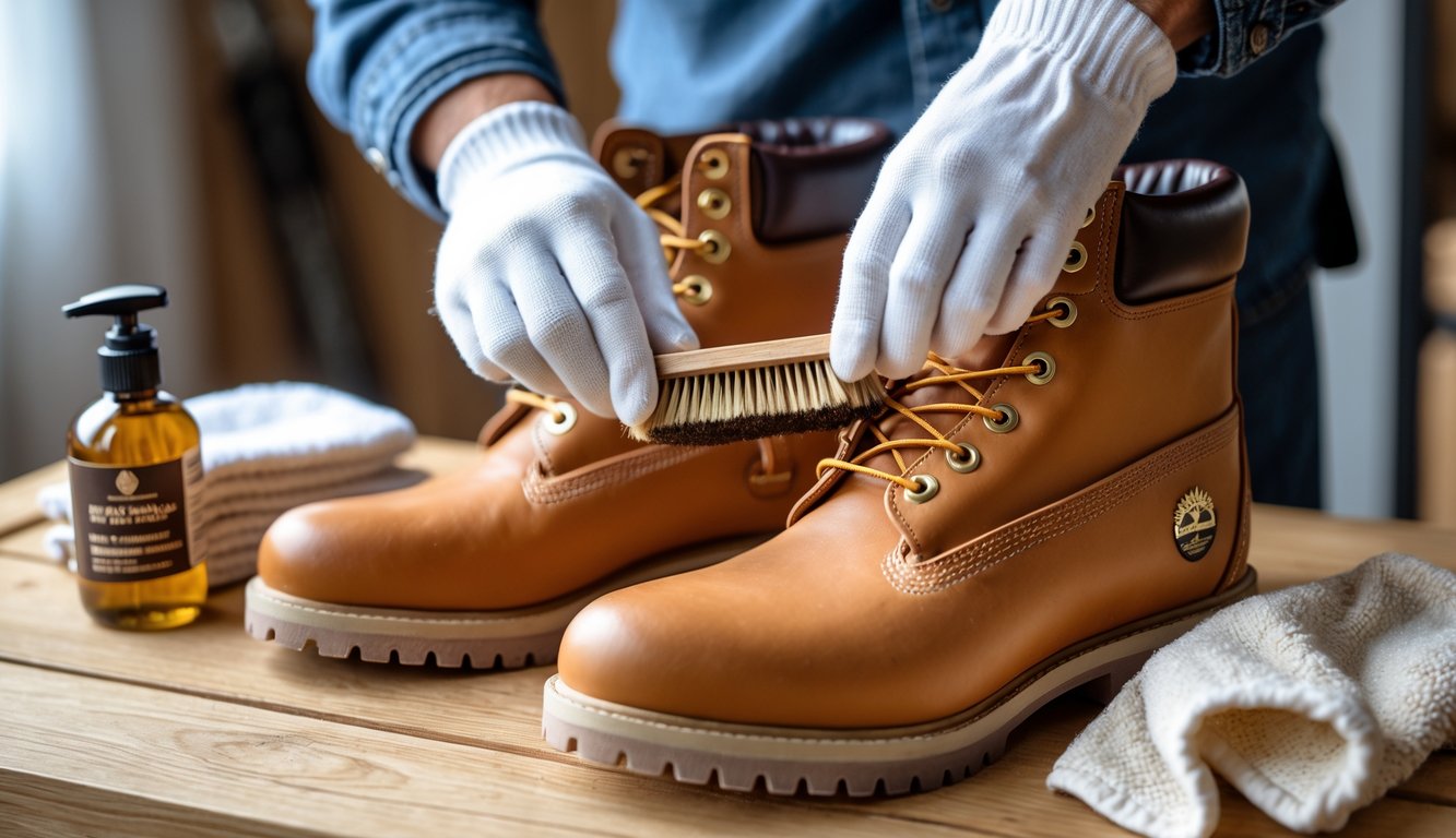 Sepasang sepatu Timberland sedang dibersihkan dan dirawat dengan sikat dan perlengkapan perawatan sepatu di atas permukaan kayu.
