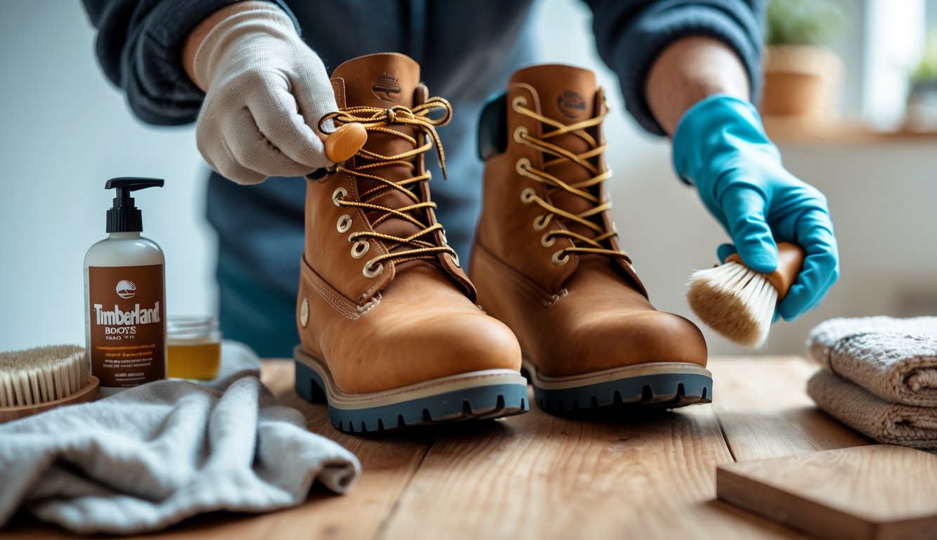 Tangan membersihkan sepatu Timberland dengan sikat lembut di atas meja kayu dengan produk perawatan sepatu di sekitar.