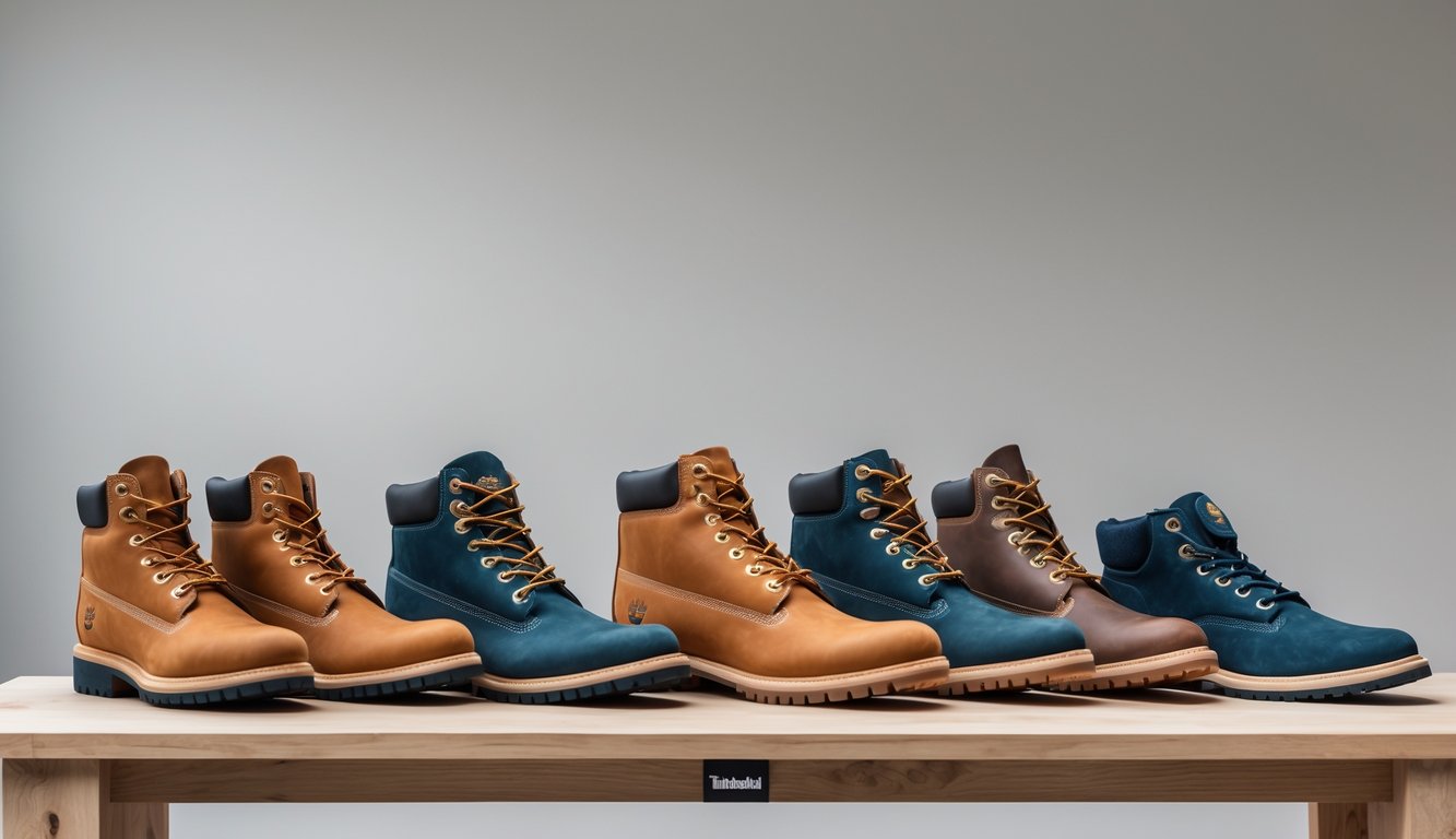Beberapa model sepatu Timberland populer tahun ini ditata rapi di atas permukaan kayu dengan latar belakang netral.
