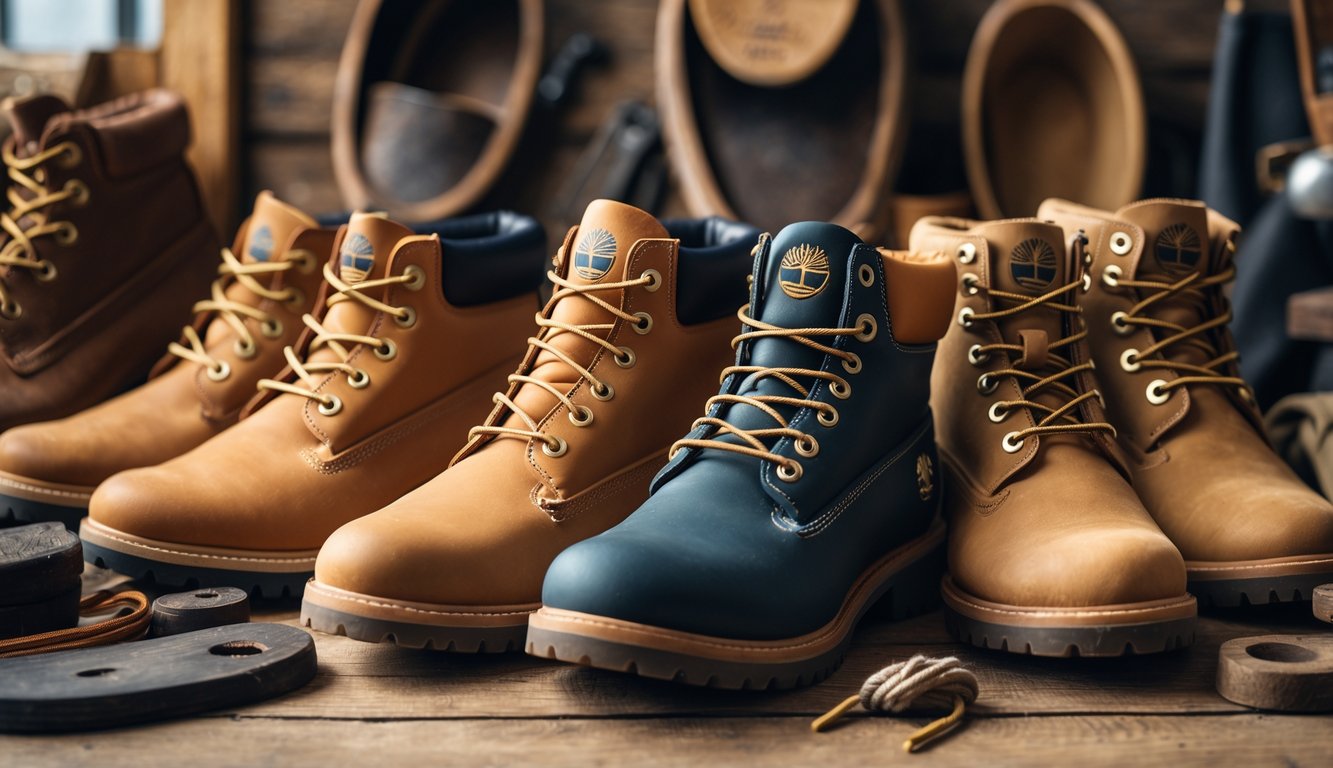 Beberapa model sepatu Timberland populer tahun ini ditata rapi di atas permukaan kayu dengan alat-alat pembuat sepatu di latar belakang.