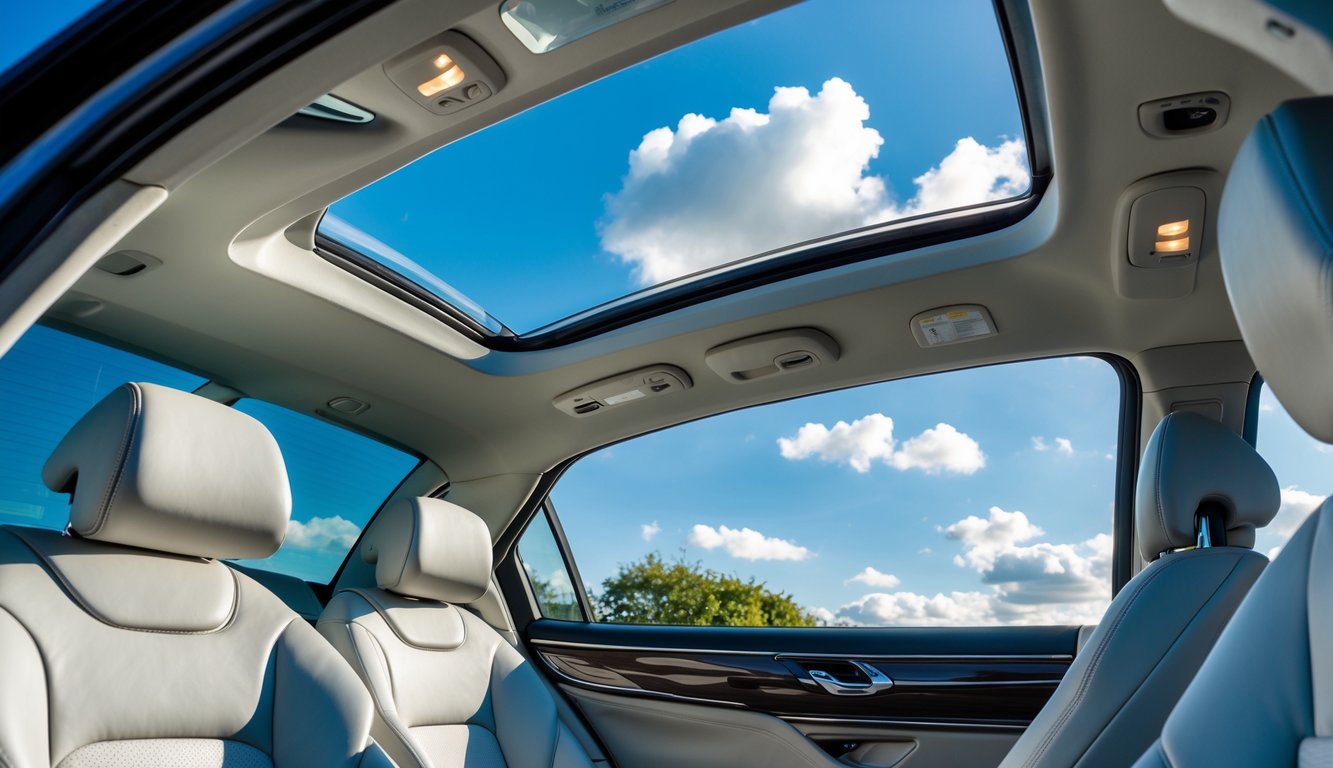 Interior mobil modern dengan sunroof terbuka yang menampilkan langit biru dan awan putih di luar, memberikan kesan kenyamanan dan ruang yang luas.