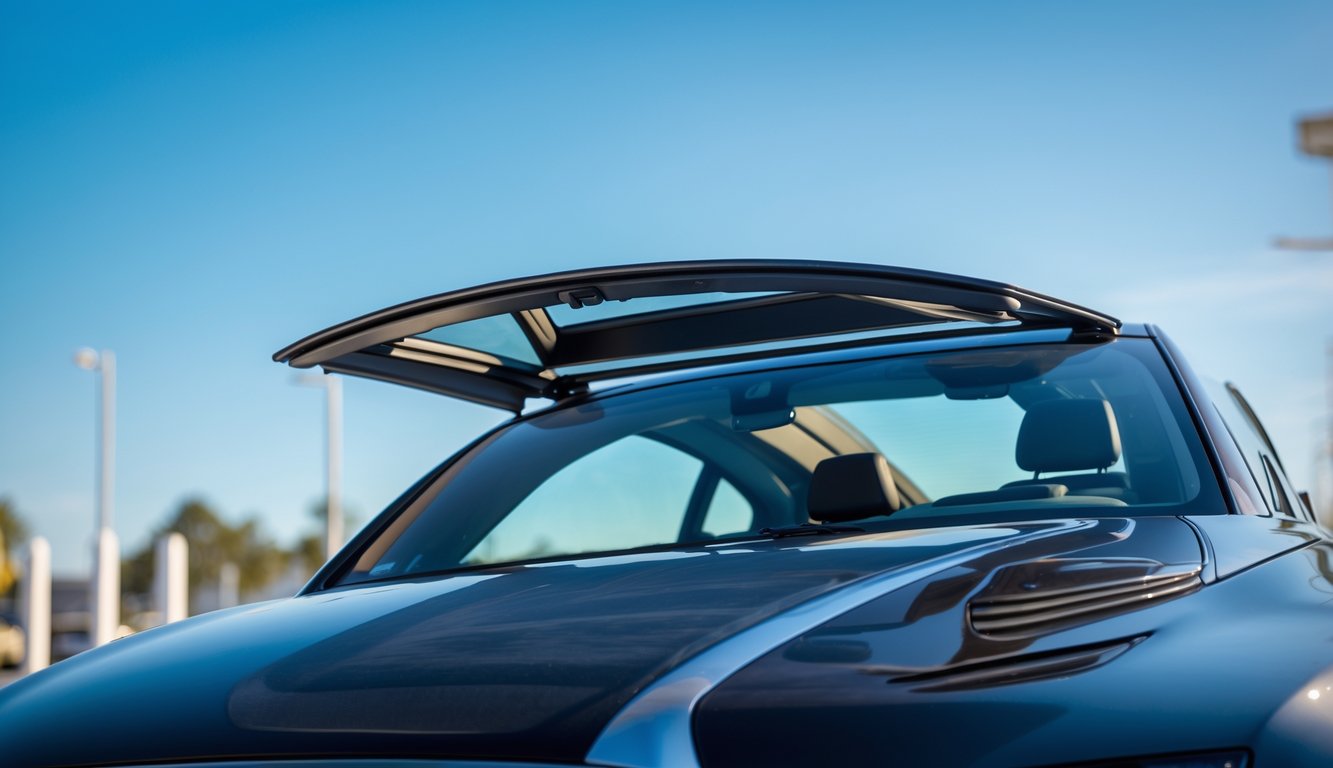 Mobil modern dengan berbagai jenis sunroof terlihat dari atas di luar ruangan dengan langit biru.