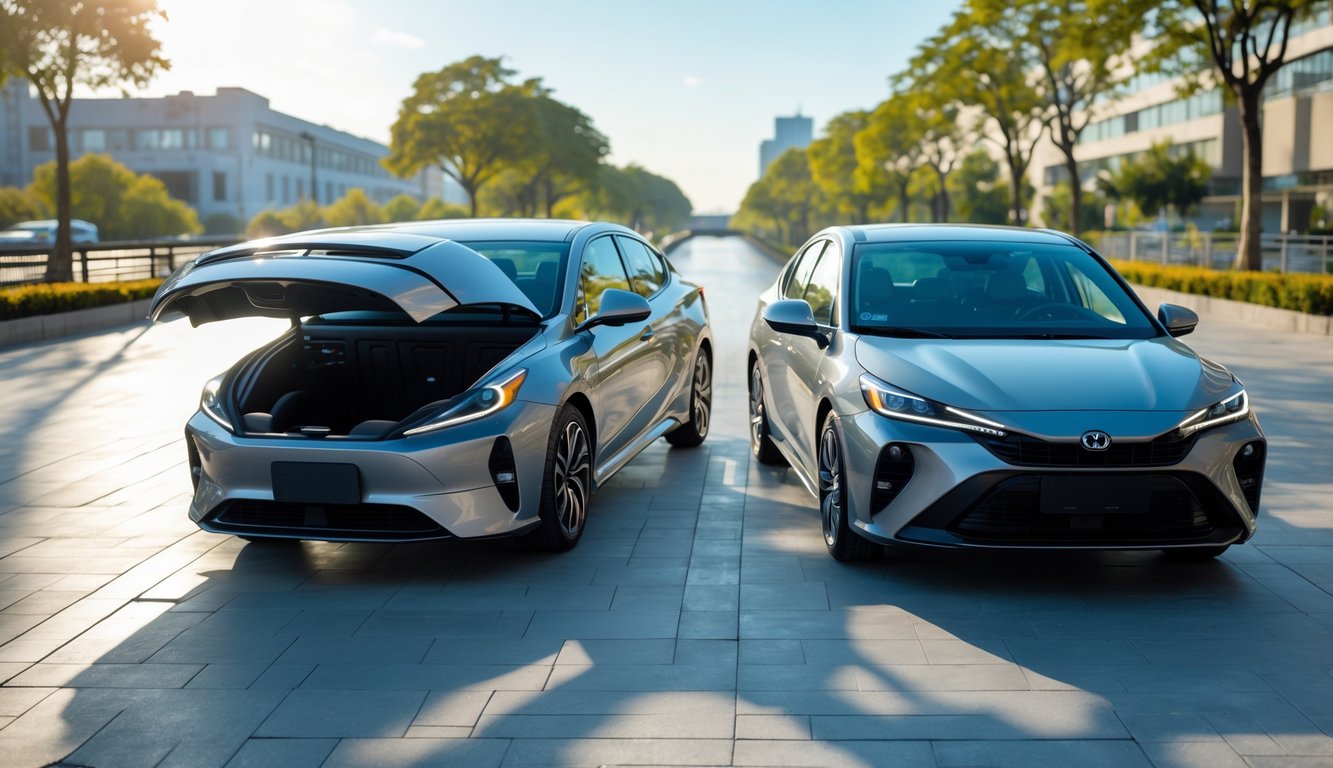 Dua mobil modern berdampingan di luar ruangan, satu dengan sunroof terbuka dan satu dengan moonroof tertutup, di bawah langit cerah.