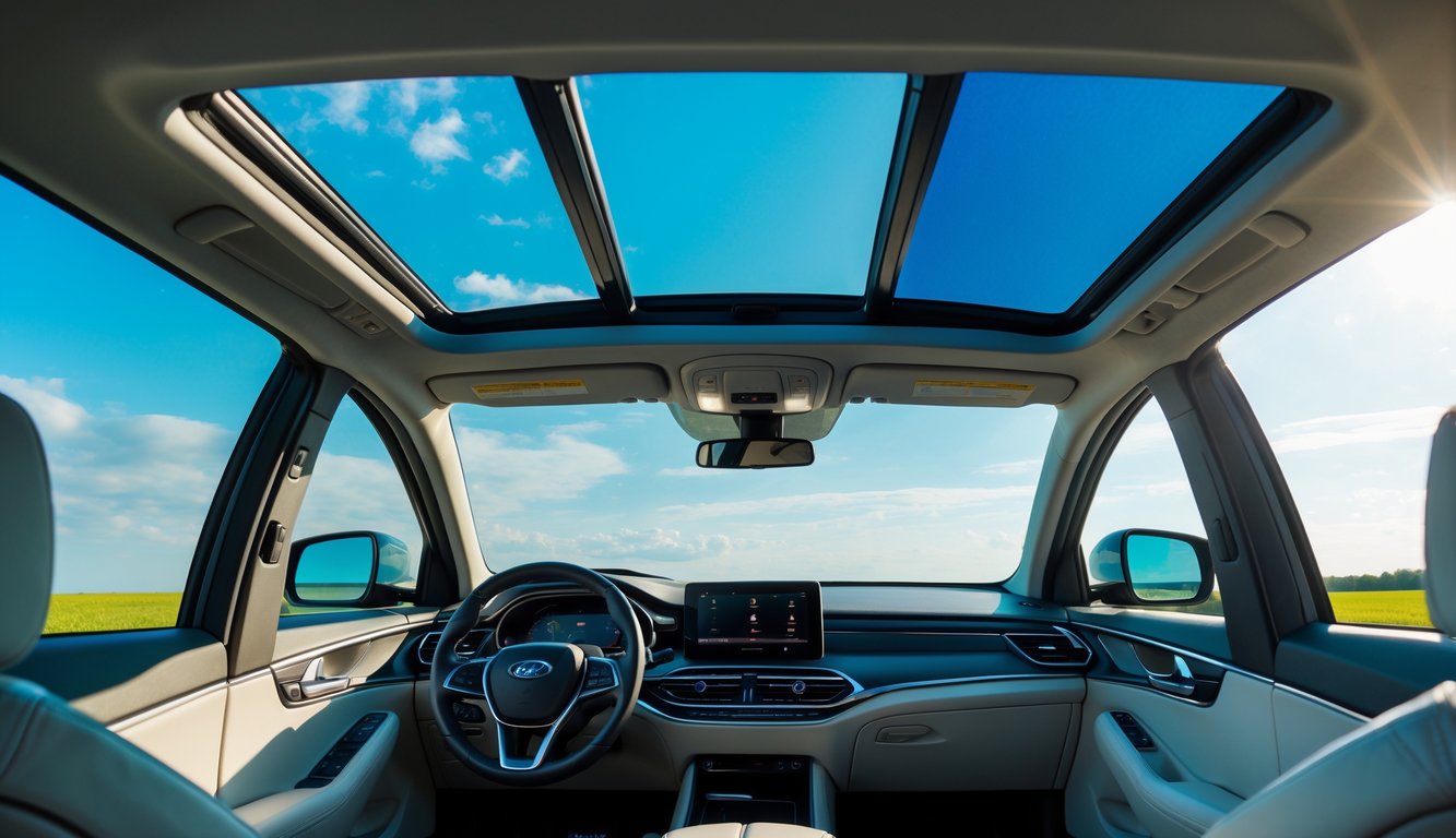 Interior mobil modern dengan atap yang menampilkan sunroof terbuka dan moonroof kaca berwarna, di bawah langit biru dengan awan.