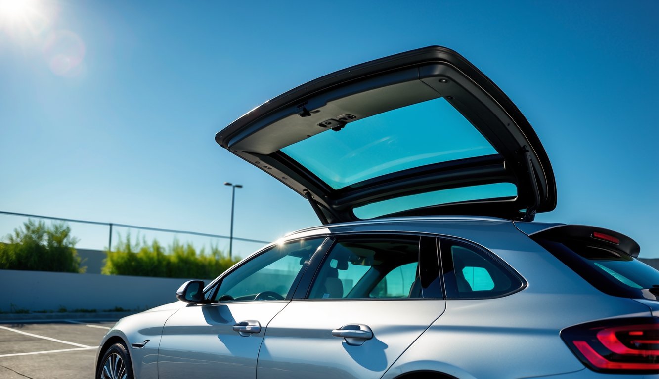 Mobil modern dengan sunroof terbuka di area parkir luar ruangan pada siang hari.