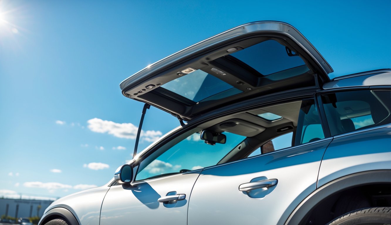 Mobil modern dengan sunroof terbuka di luar ruangan saat siang hari.