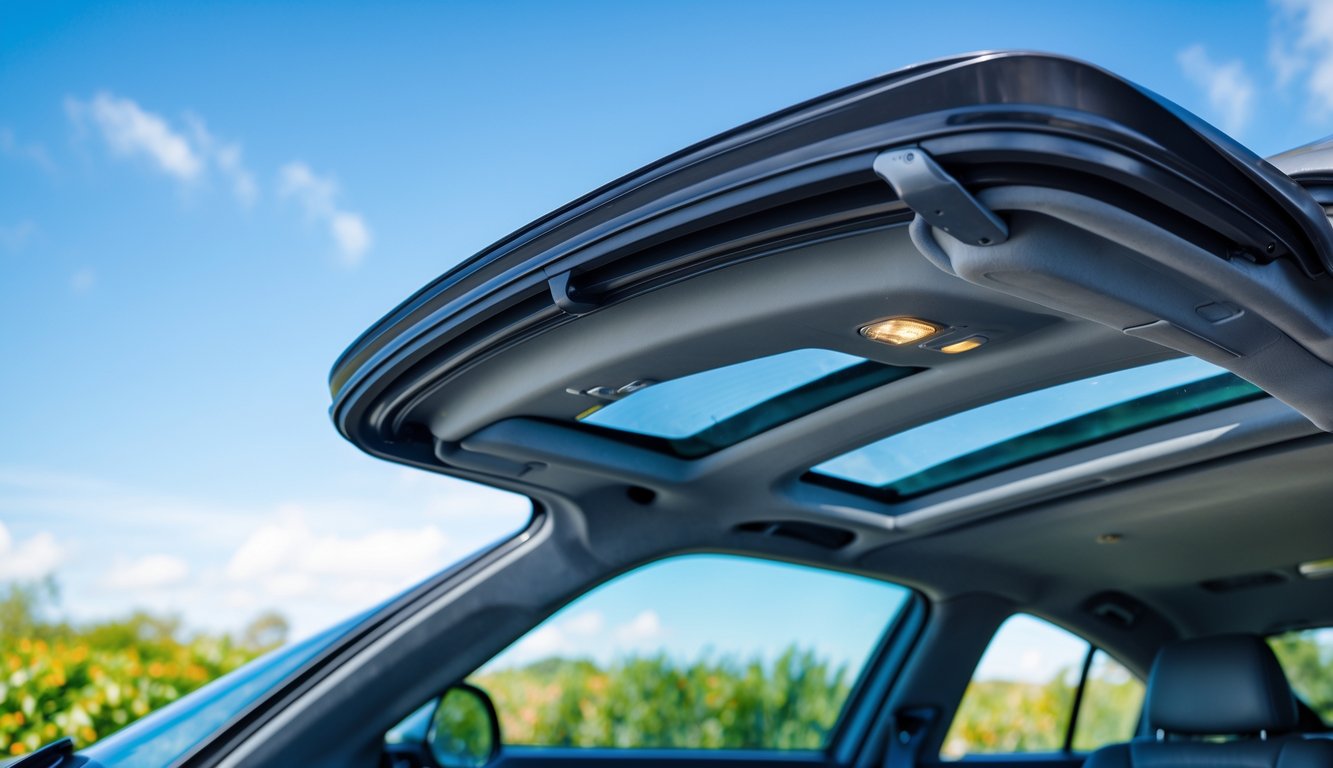 Foto close-up sunroof mobil yang terbuka sedikit dengan segel dan mekanisme yang bersih dan terawat, mobil diparkir di luar ruangan dengan latar belakang langit cerah dan pepohonan.