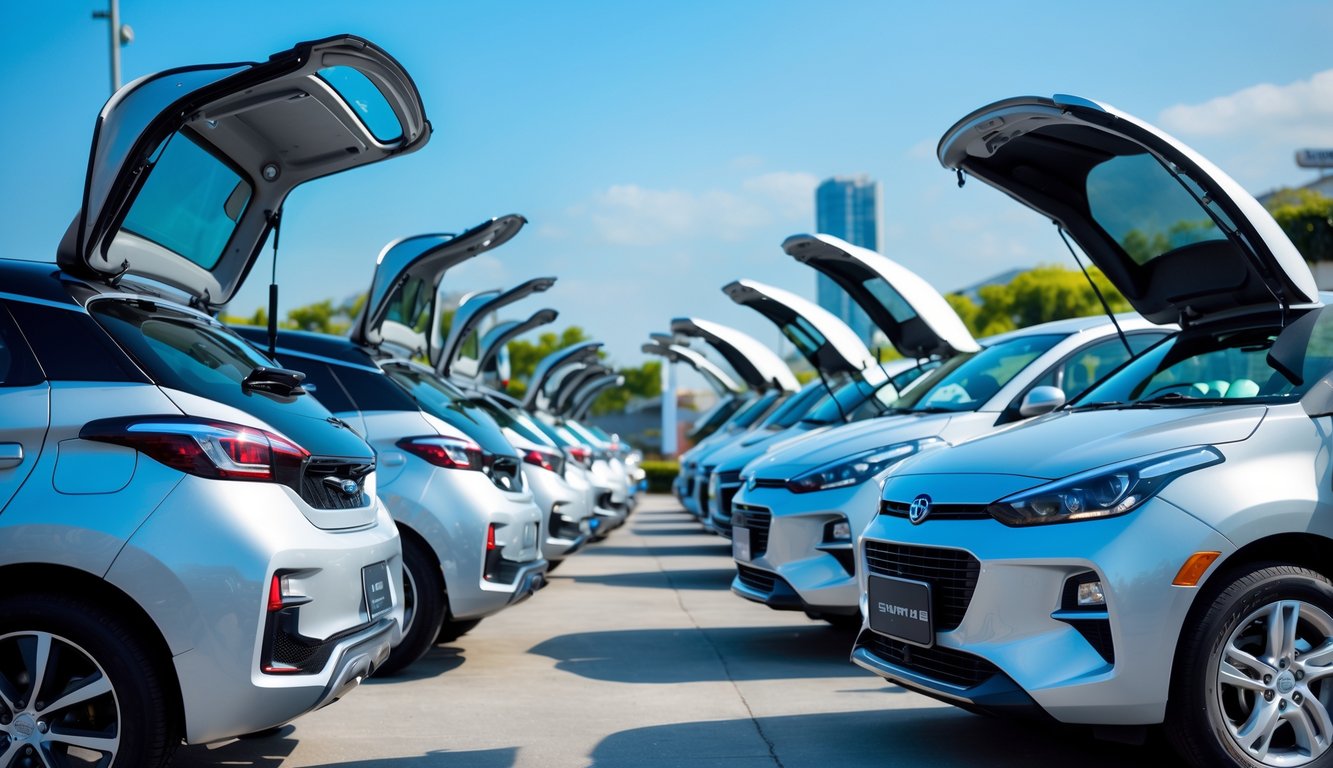 Barisan mobil modern dengan sunroof di luar ruangan pada siang hari cerah.