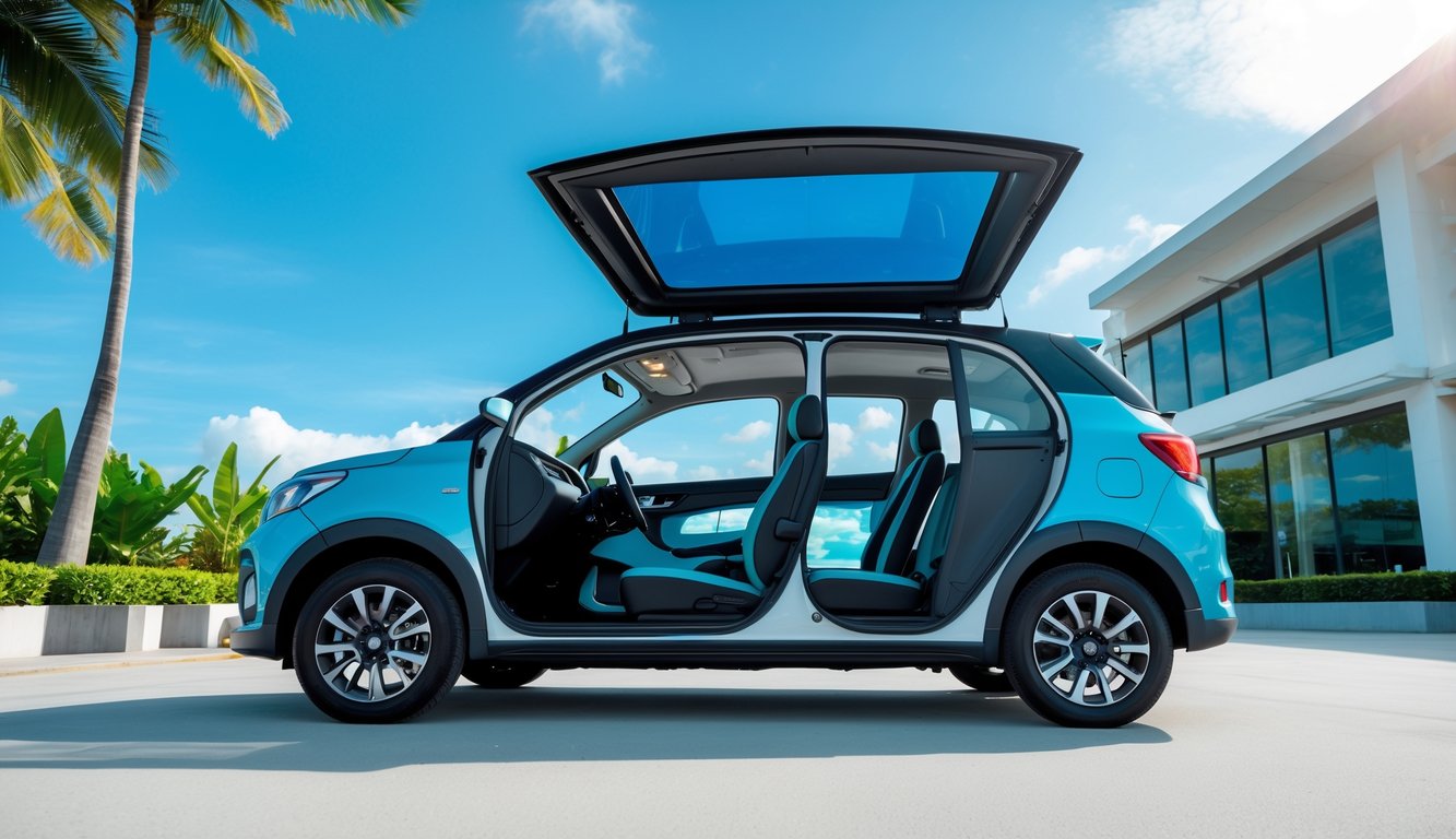 Mobil murah dengan sunroof terbuka di lingkungan perkotaan Indonesia pada hari cerah.