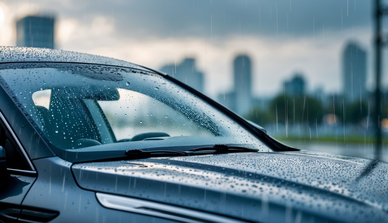 Mobil modern dengan sunroof terbuka sebagian saat hujan, tetesan air terlihat di atap dan jendela mobil.