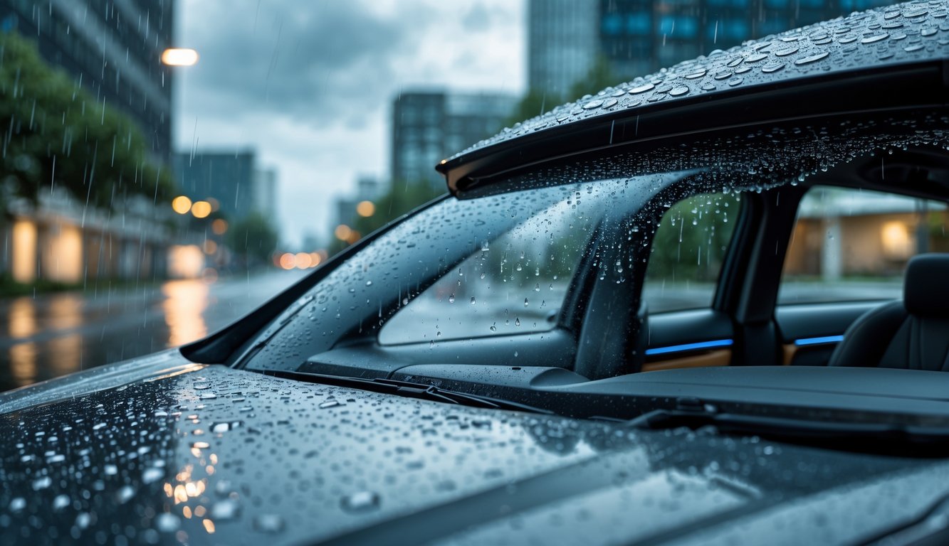 Mobil modern dengan sunroof terbuka sebagian saat hujan turun, dengan tetesan air terlihat di kaca sunroof dan latar belakang kota yang basah.