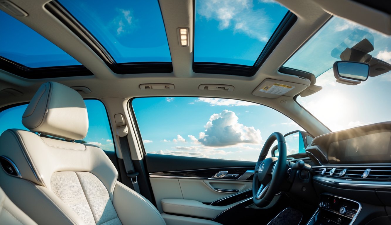 Interior mobil modern dengan sunroof besar yang menampilkan cahaya matahari masuk ke kabin yang nyaman dan bersih.