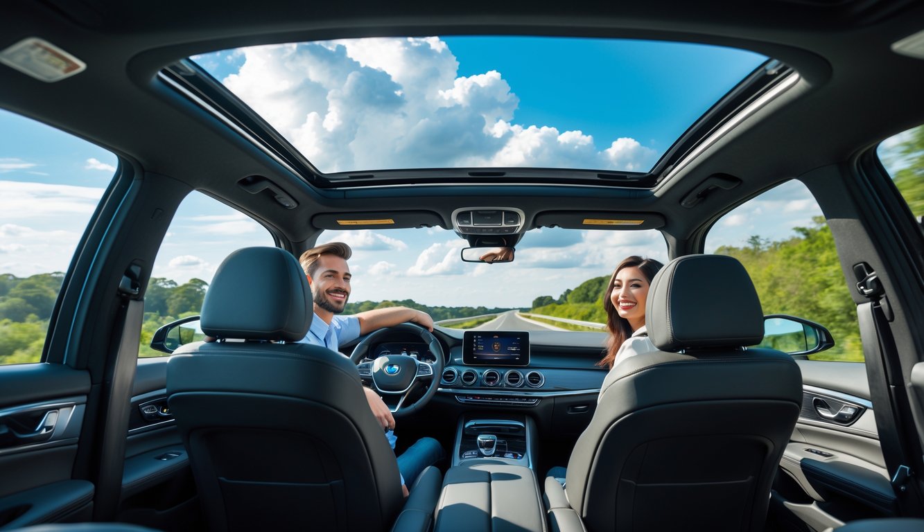 Interior mobil modern dengan sunroof terbuka, pengemudi dan penumpang tersenyum menikmati pemandangan langit cerah saat berkendara.